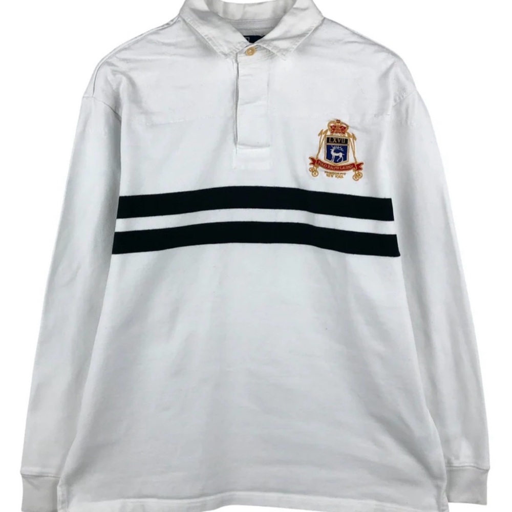 90’s Polo Ralph Lauren Men’s Rugby Shirt White Long Sleeve Crest Size L Preppy